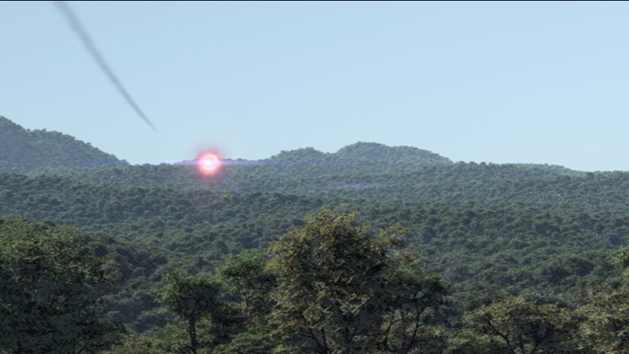 Incoming missile intercept shot with fully computer generated 3D landscapes and explosions