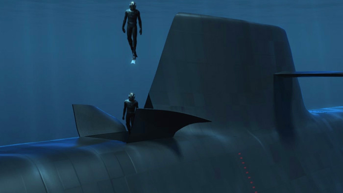 3D video of frogman eressing a submarine - An example of character rigging and animating